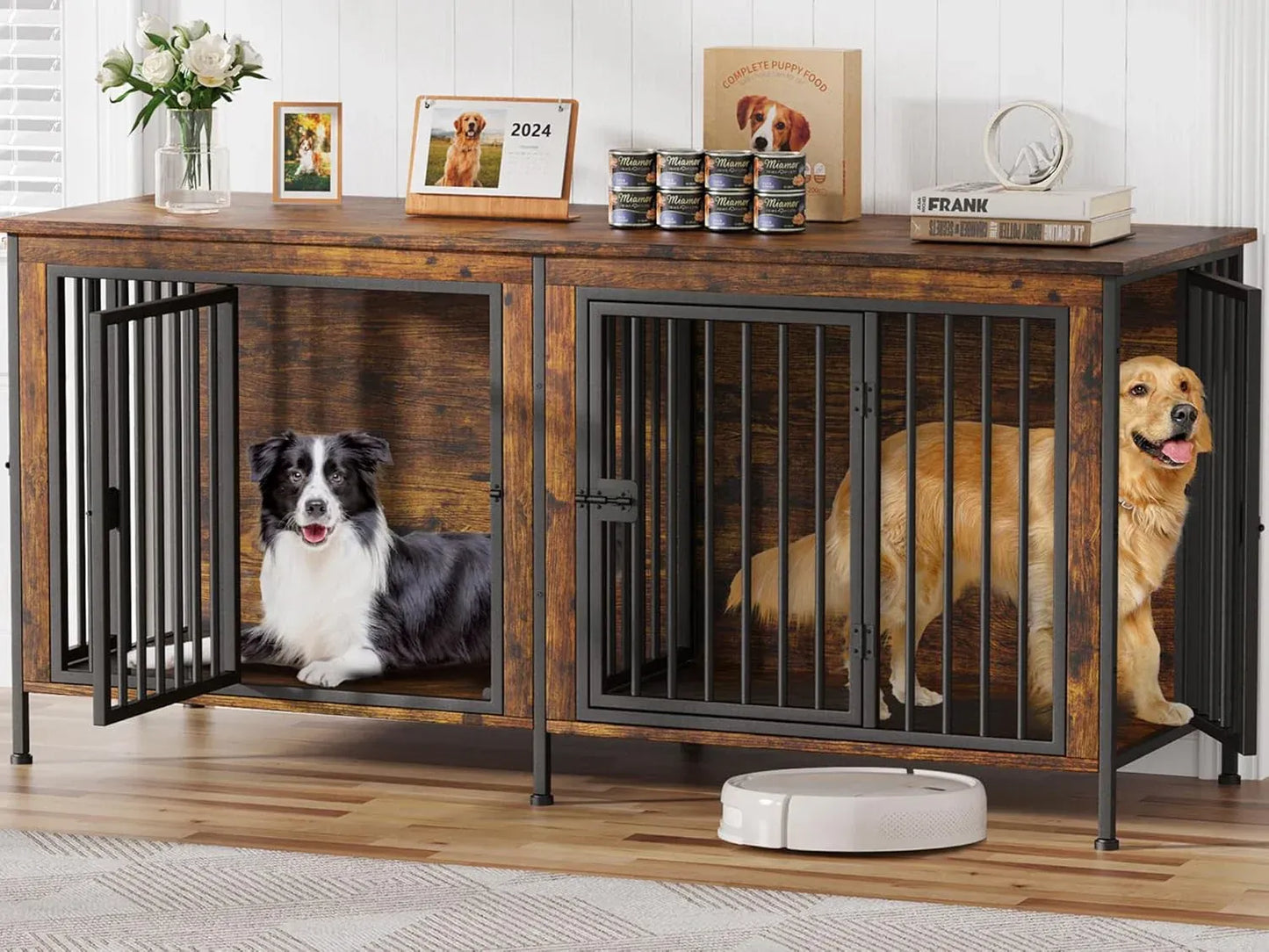 Dog Crate Furniture for 2 Large Dogs — Double Kennel with Divider, Wooden TV Stand Style