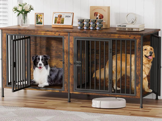 Dog Crate Furniture for 2 Large Dogs — Double Kennel with Divider, Wooden TV Stand Style