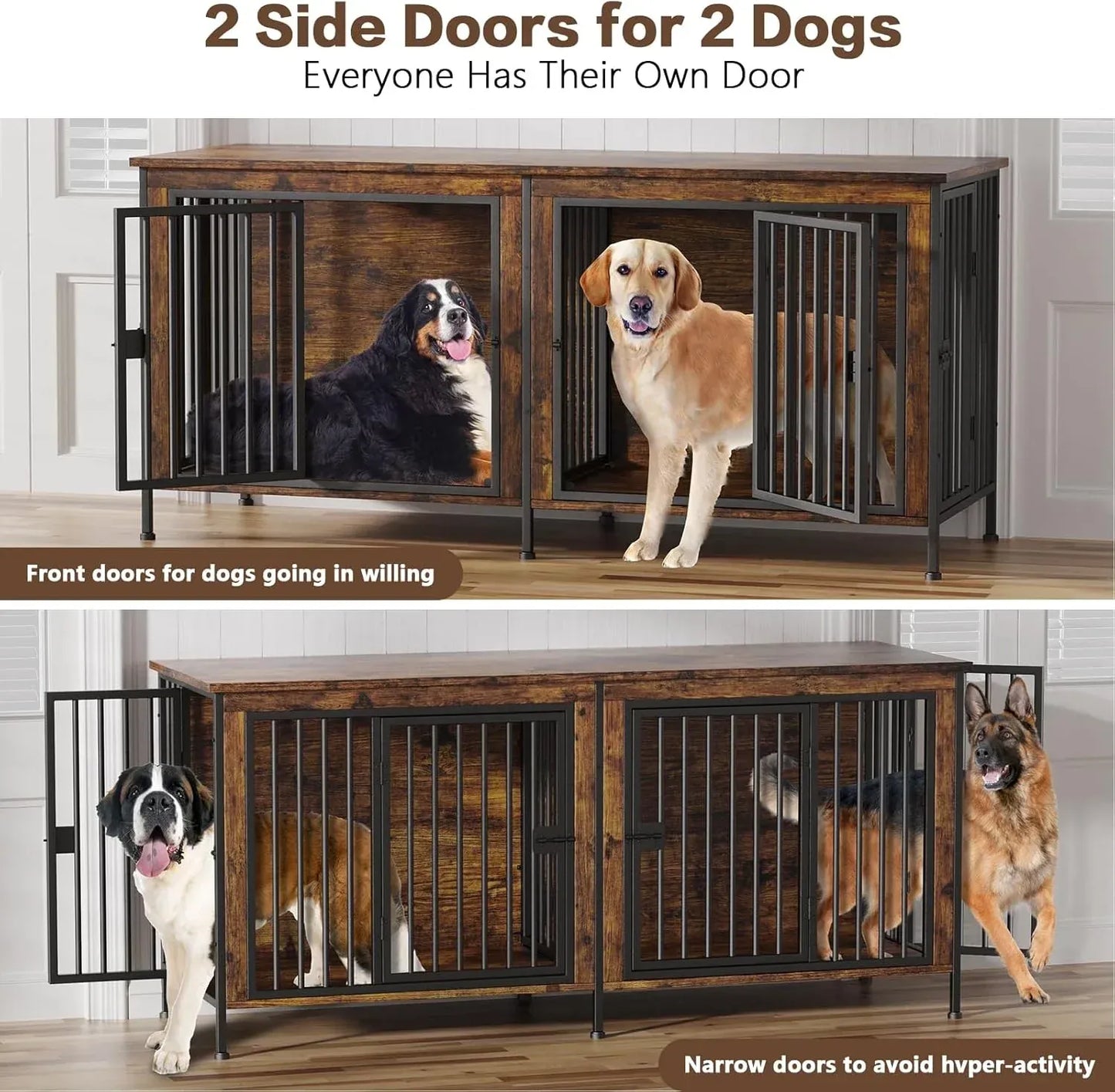 Dog Crate Furniture for 2 Large Dogs — Double Kennel with Divider, Wooden TV Stand Style