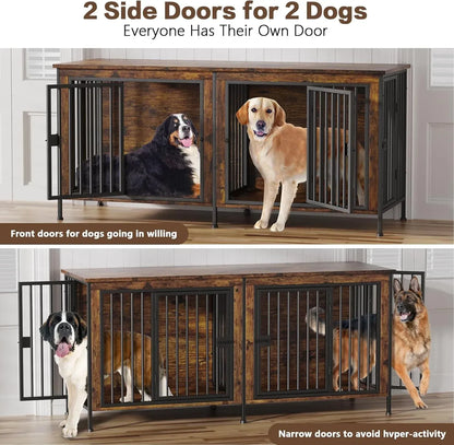 Dog Crate Furniture for 2 Large Dogs — Double Kennel with Divider, Wooden TV Stand Style
