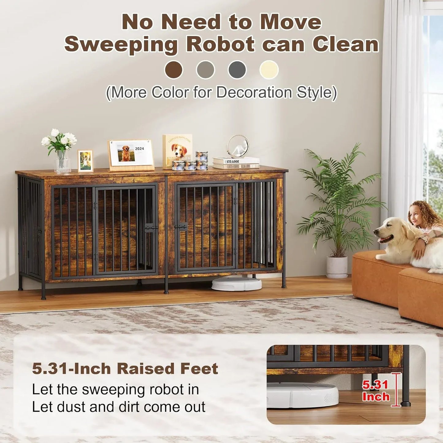 Dog Crate Furniture for 2 Large Dogs — Double Kennel with Divider, Wooden TV Stand Style