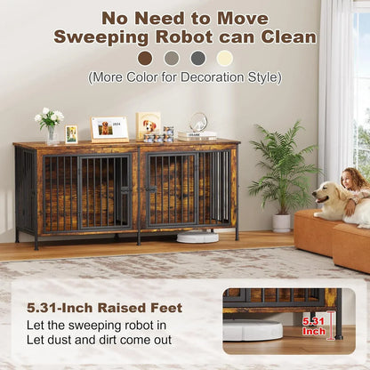 Dog Crate Furniture for 2 Large Dogs — Double Kennel with Divider, Wooden TV Stand Style