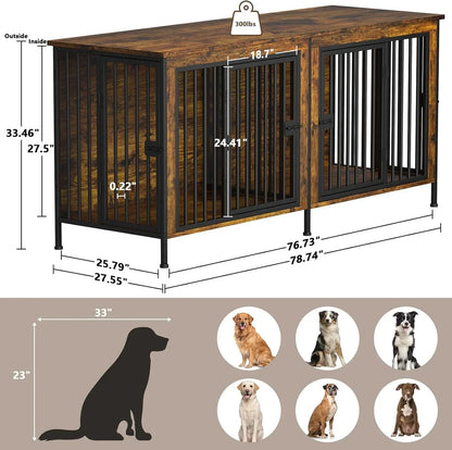 Dog Crate Furniture for 2 Large Dogs — Double Kennel with Divider, Wooden TV Stand Style