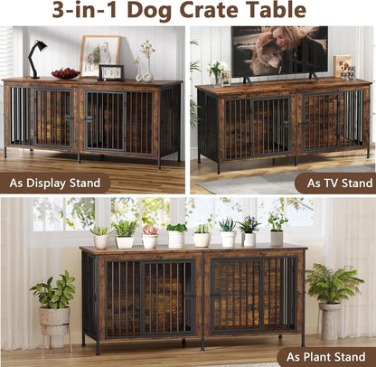 Dog Crate Furniture for 2 Large Dogs — Double Kennel with Divider, Wooden TV Stand Style