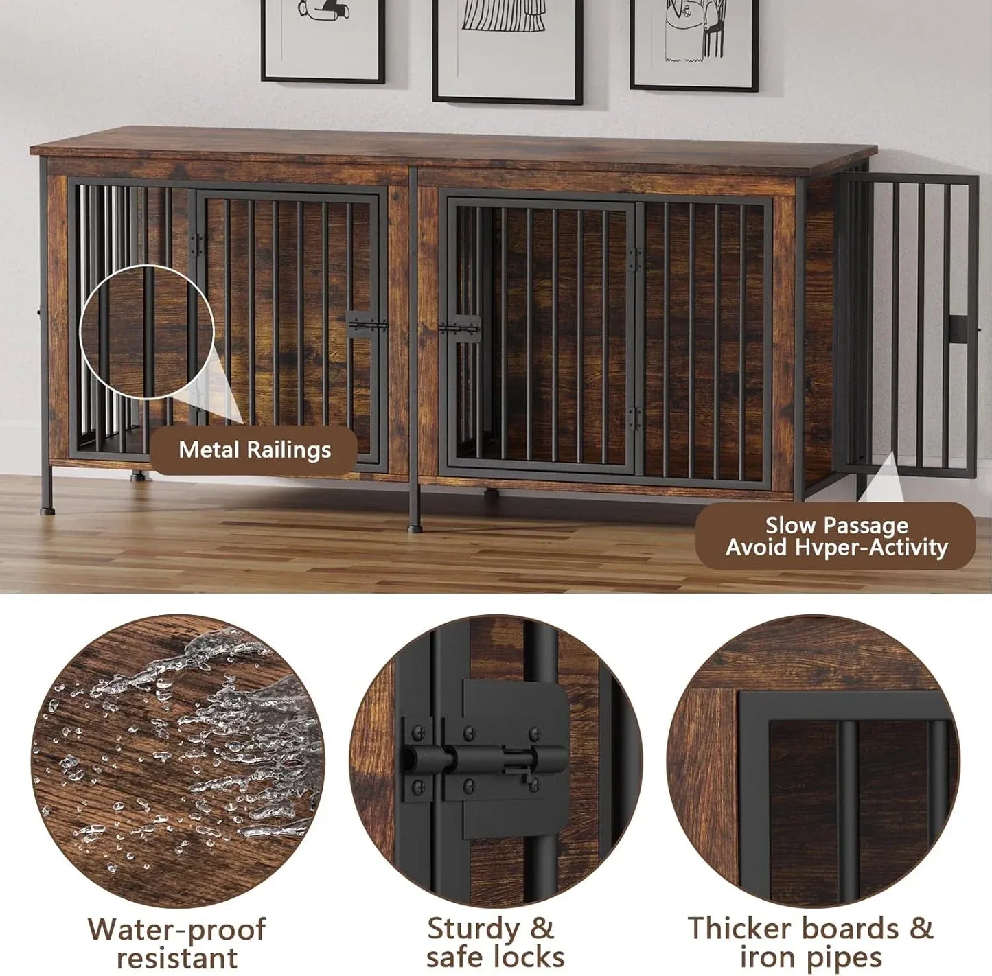 Dog Crate Furniture for 2 Large Dogs — Double Kennel with Divider, Wooden TV Stand Style